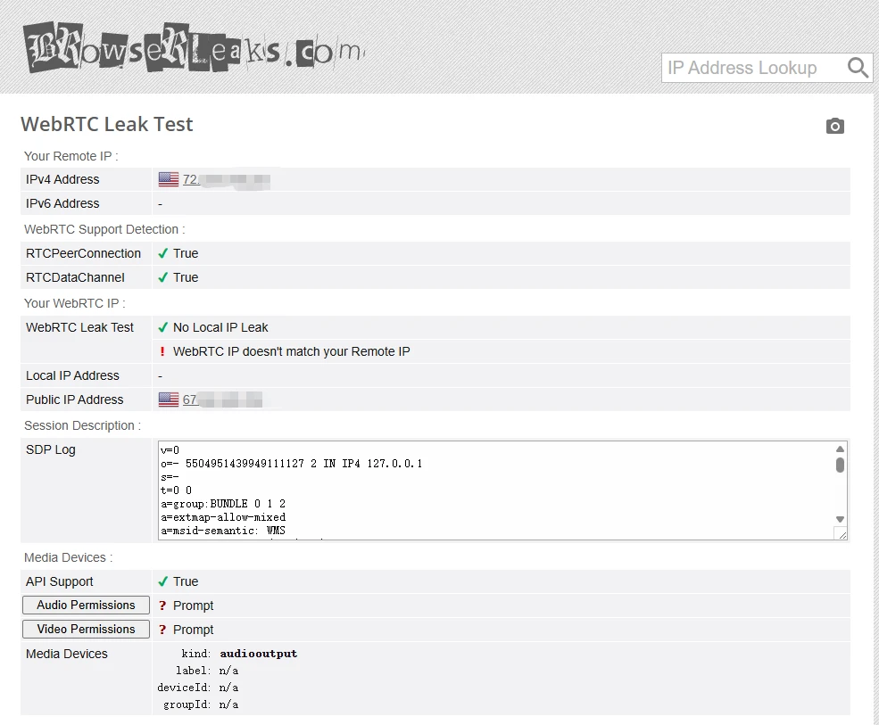 BrowserLeaks WebRTC 测试未发现本地 IP 但 WebRTC 公网 IP 与远程 IP 不一致