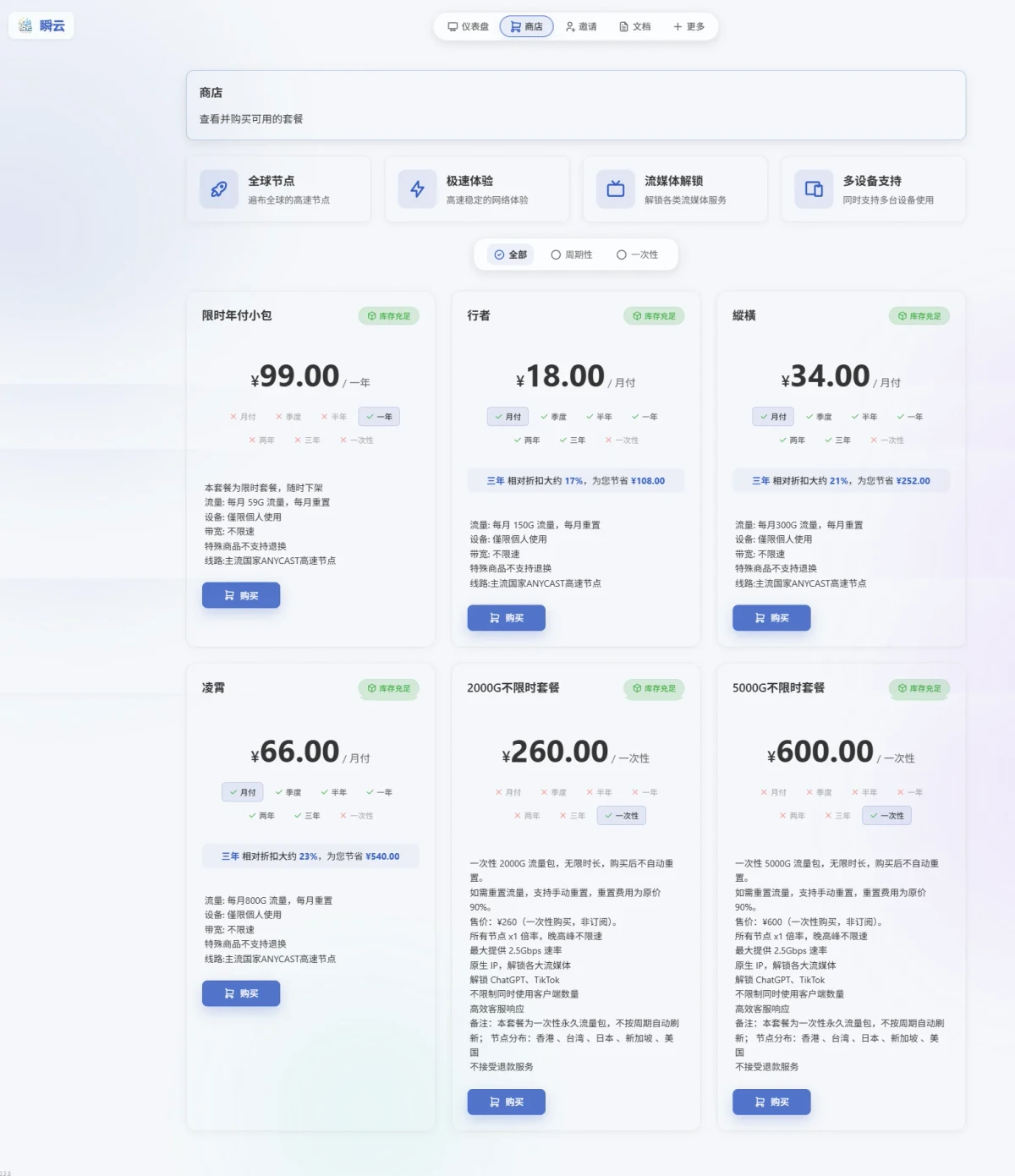 瞬云套餐价格与流量截图