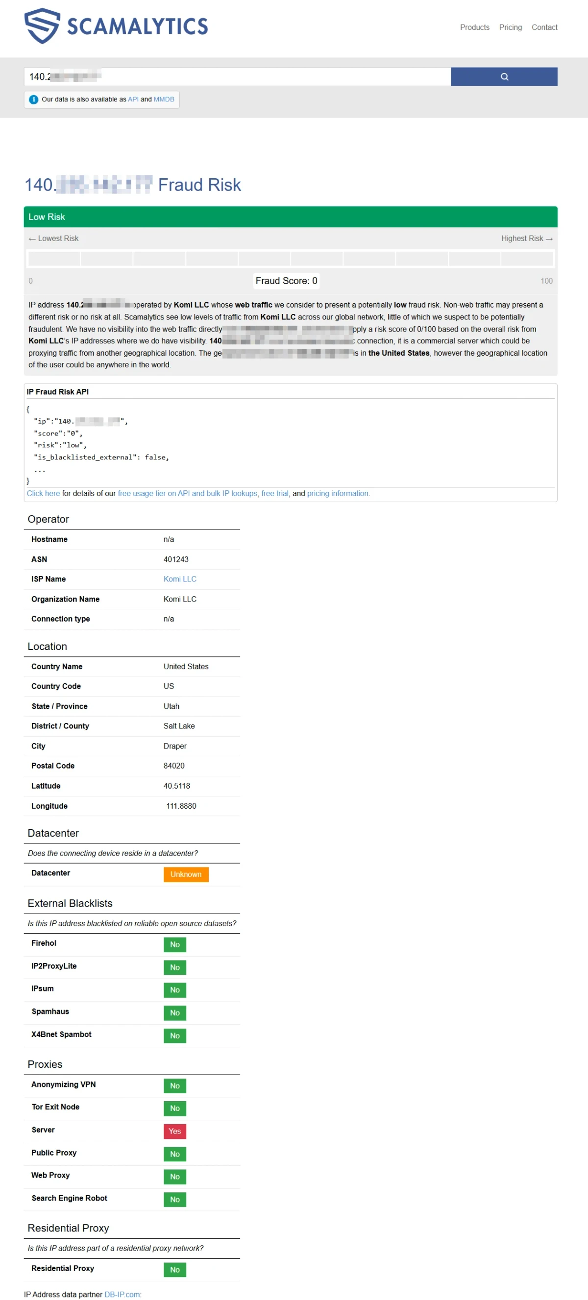 边缘节点Scamalytics IP风险结果