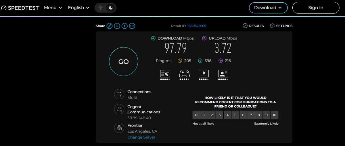顺畅网络美国节点 Speedtest